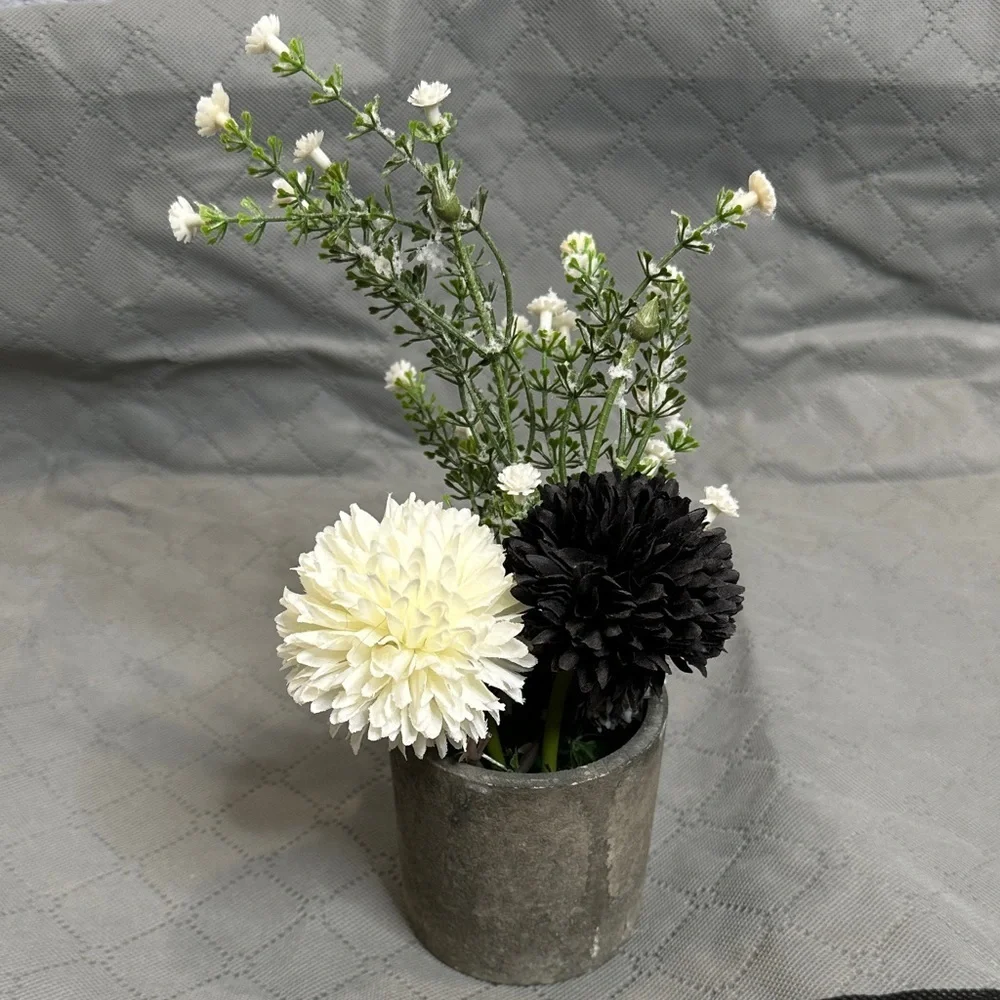 Hand Crafted Edgy Farmhouse Black and White Floral Arrangement in Concrete Decor